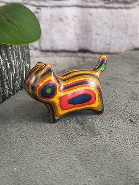 Wooden hand carved cat statue figurine kitty brown Multi color, tail up prancing